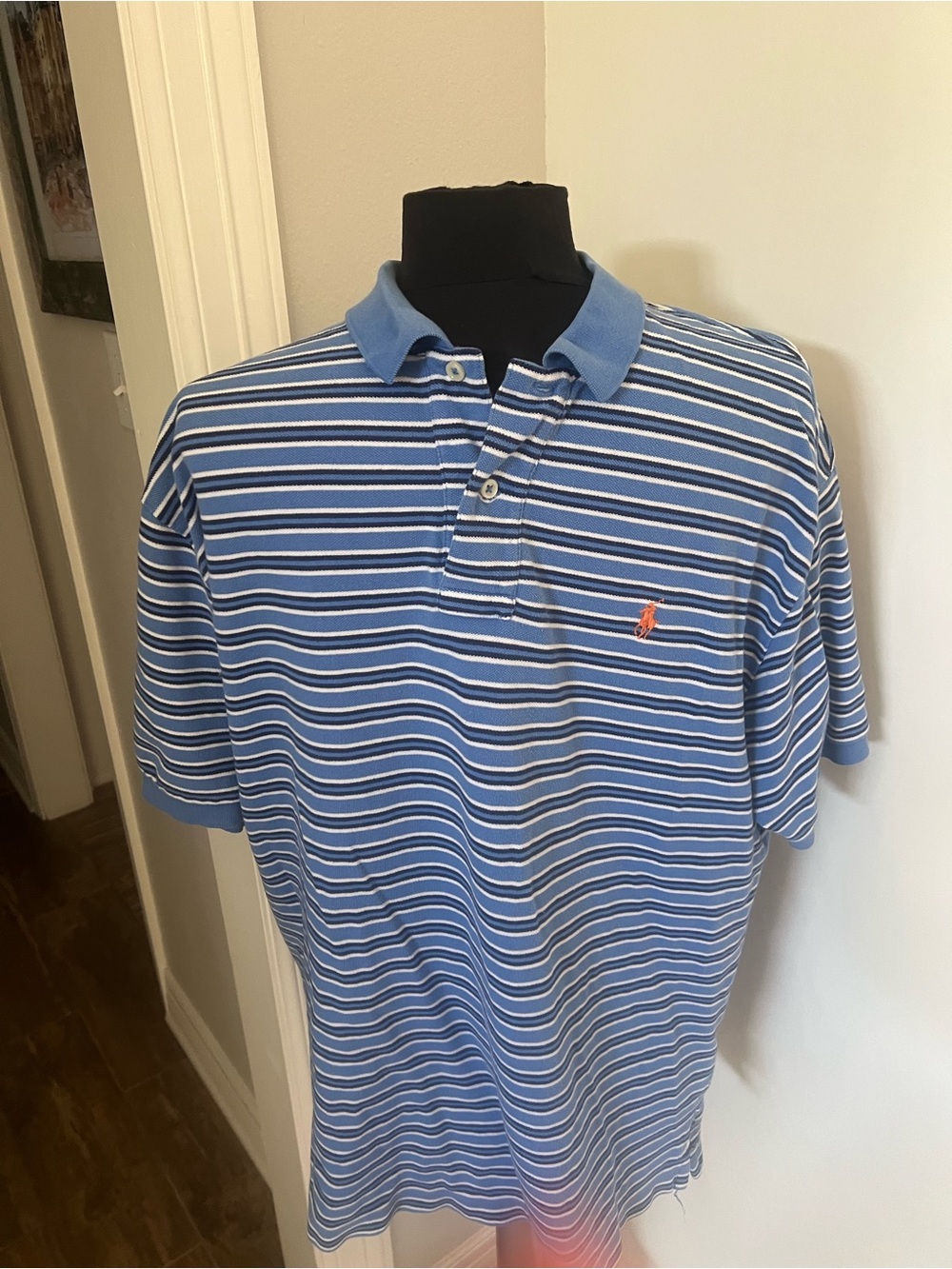 Ralph Lauren Light Blue Striped Polo with Orange Pony